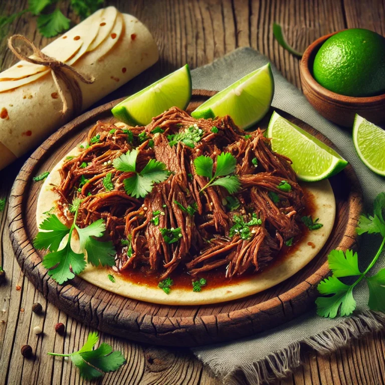 Barbacoa mexikói lassan sült hús tortillában tálalva