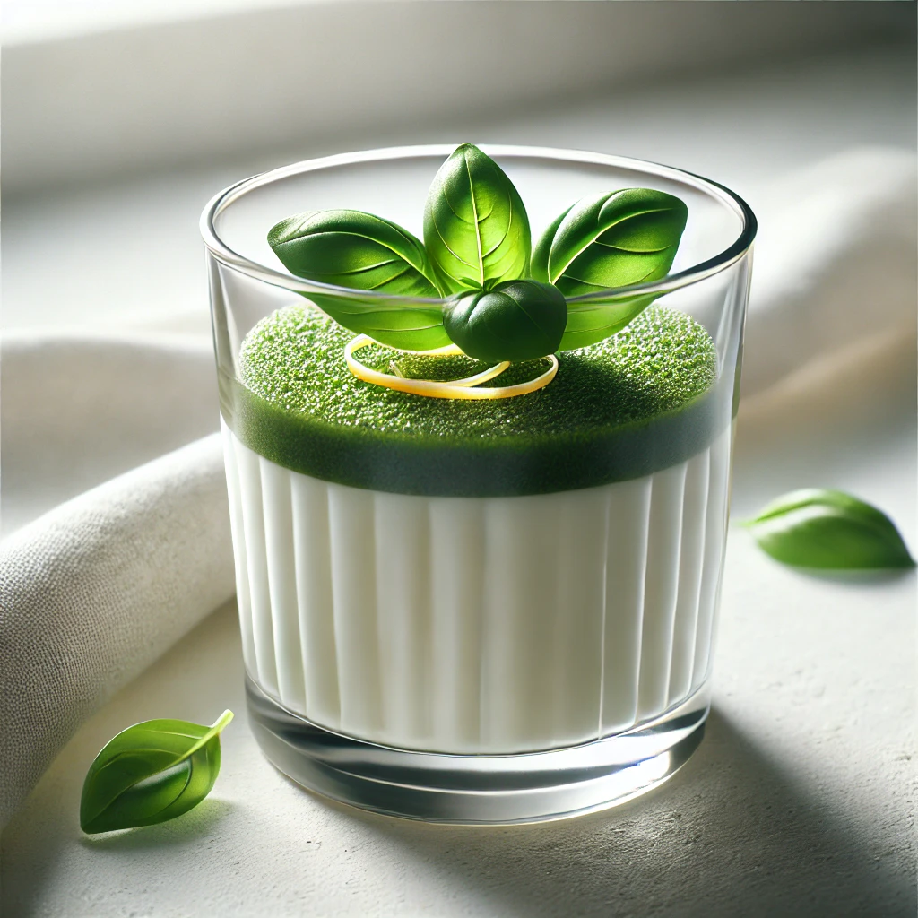 Krémes panna cotta bazsalikommal és citromhéjjal díszítve