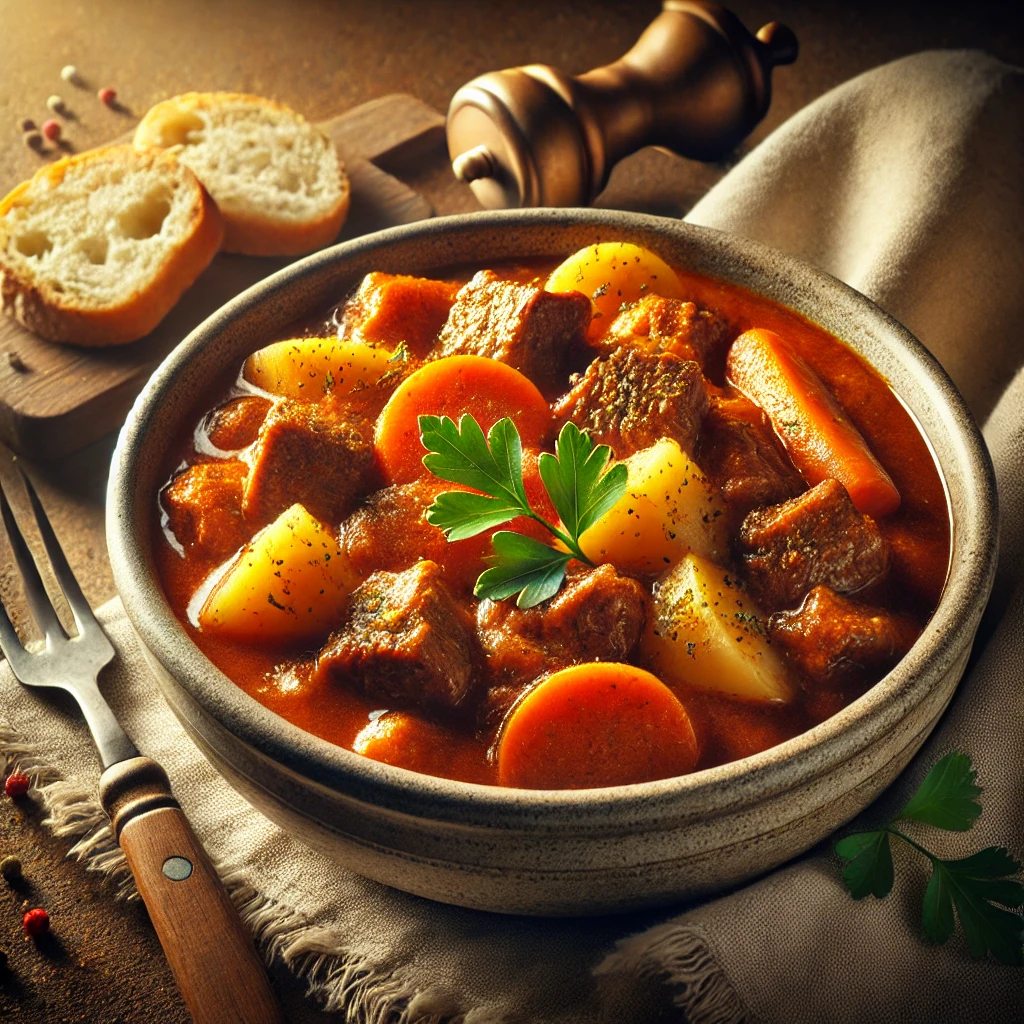 Traditional Hungarian beef goulash with potatoes and carrots