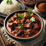 Beef Rendang tálalva rizzsel és friss korianderrel