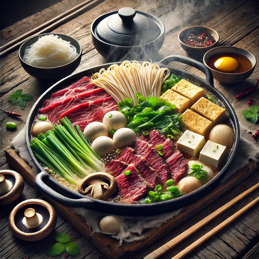 Autentikus japán Beef Sukiyaki zöldségekkel és marhahússal