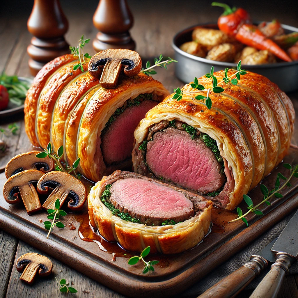 Klasszikus brit Beef Wellington leveles tésztával és gombás töltelékkel