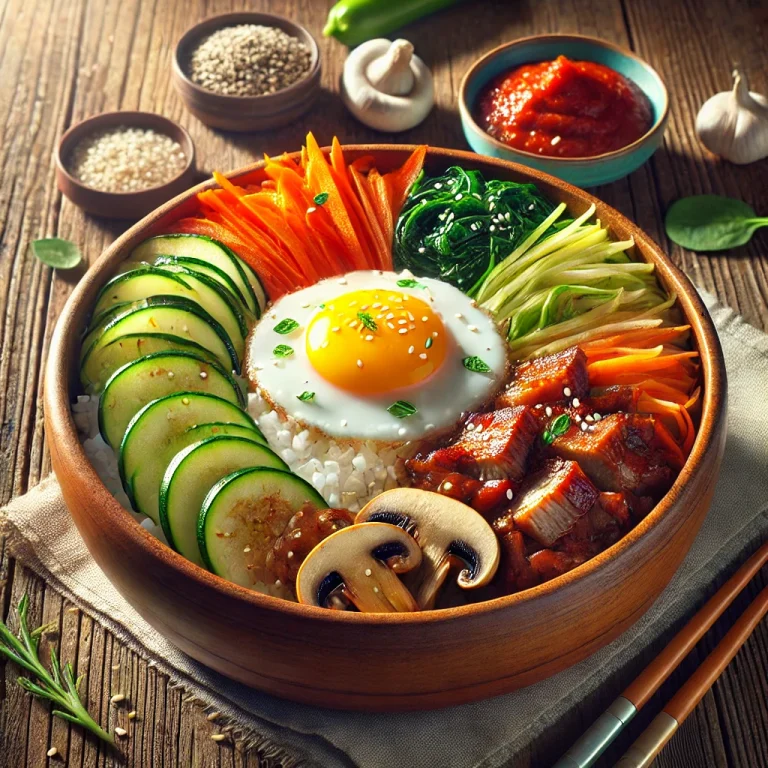 Bibimbap sertéshússal, koreai tálas étel rizs és zöldségek kíséretében