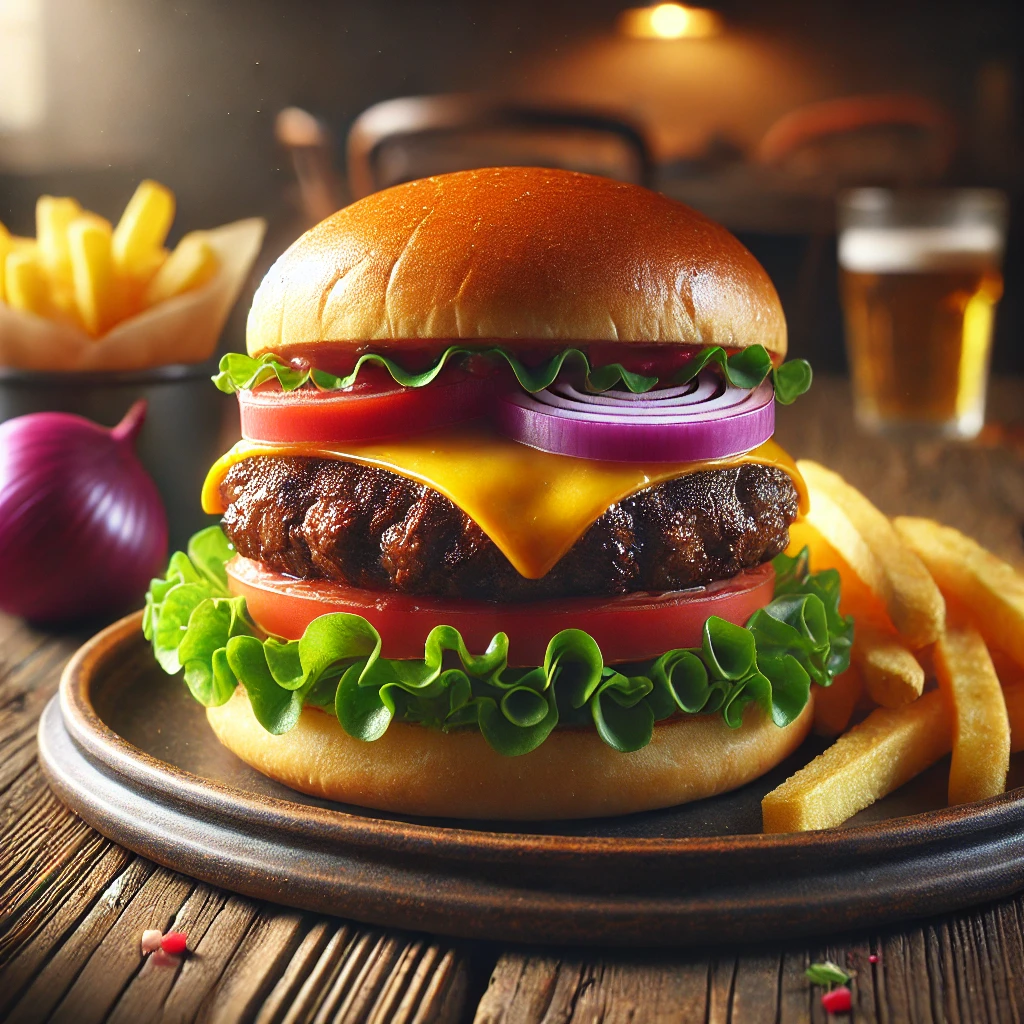 Juicy bison burger with cheddar cheese and fresh toppings