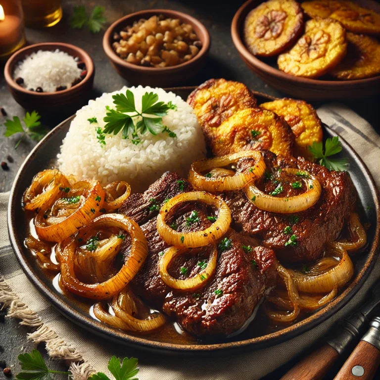 Bistec Encebollado tálalva hagymával és körettel