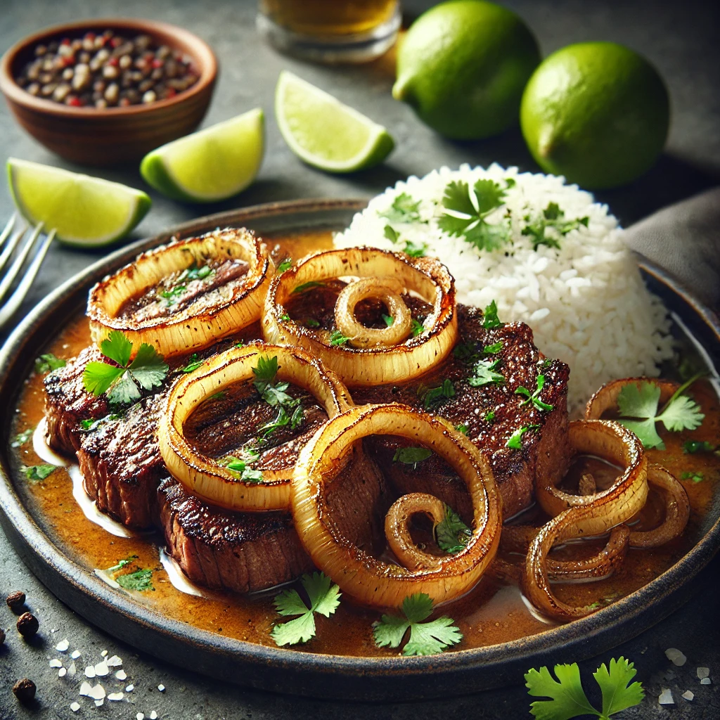 Hagymás steak lime-mal és korianderrel díszítve