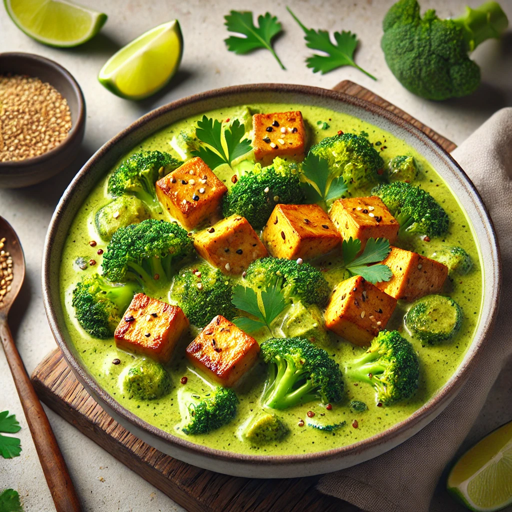 Tápláló brokkolikrém curry pirított tofuval és korianderrel