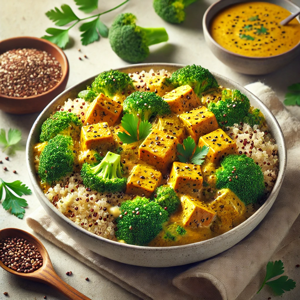 Tápláló curry tofuval, quinoával és brokkolival