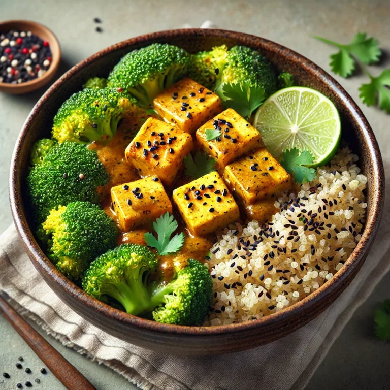 Brokkolis quinoa curry Buddha-tál lime tofuval tálalva