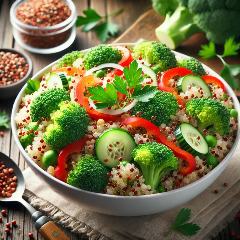Brokkolis quinoa saláta tálalva