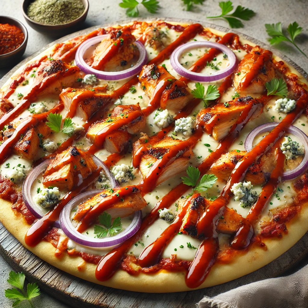 New York stílusú csípős pizza Buffalo szósszal és grillezett csirkével
