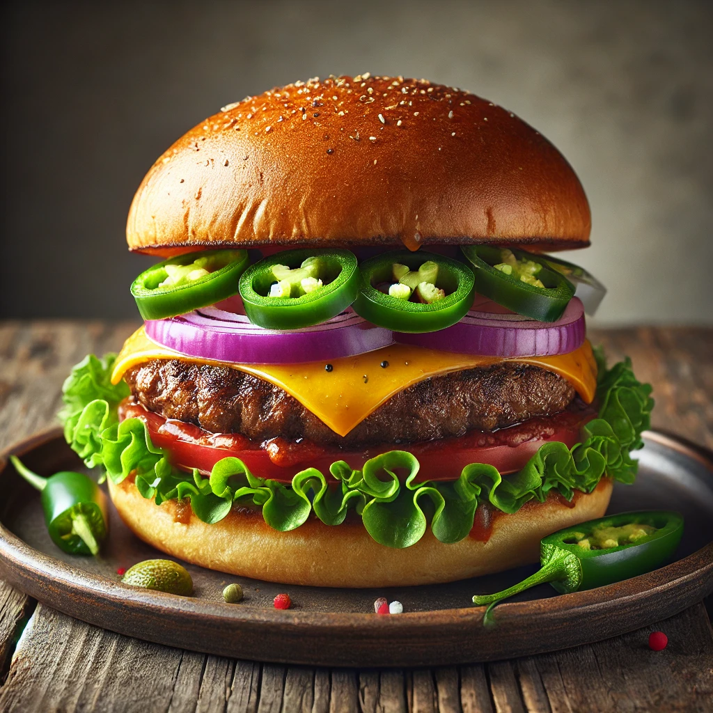 Fűszeres burger cheddar sajttal és jalapeñóval