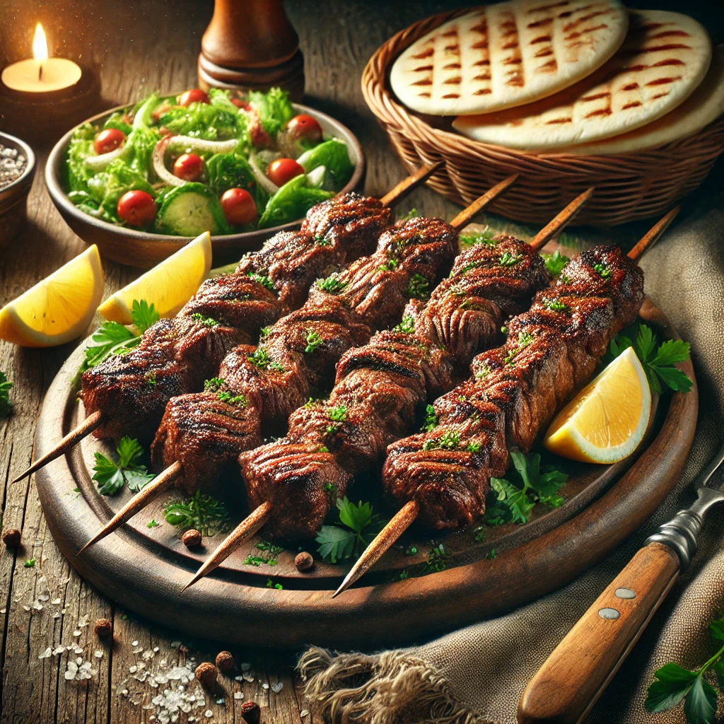 Egzotikus tevehús kebab friss salátával