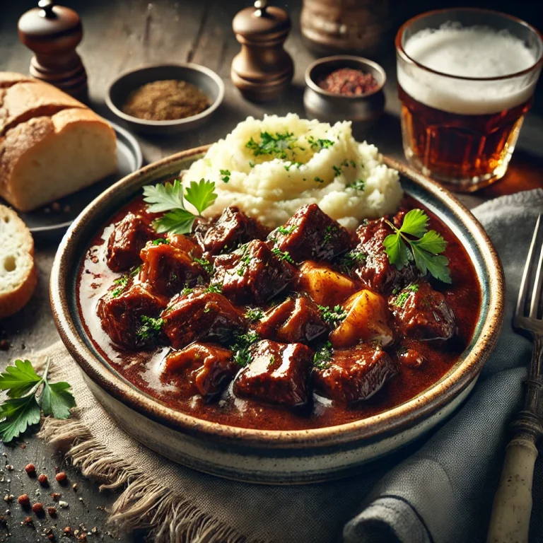 Carbonnade Flamande tálalva burgonyapürével