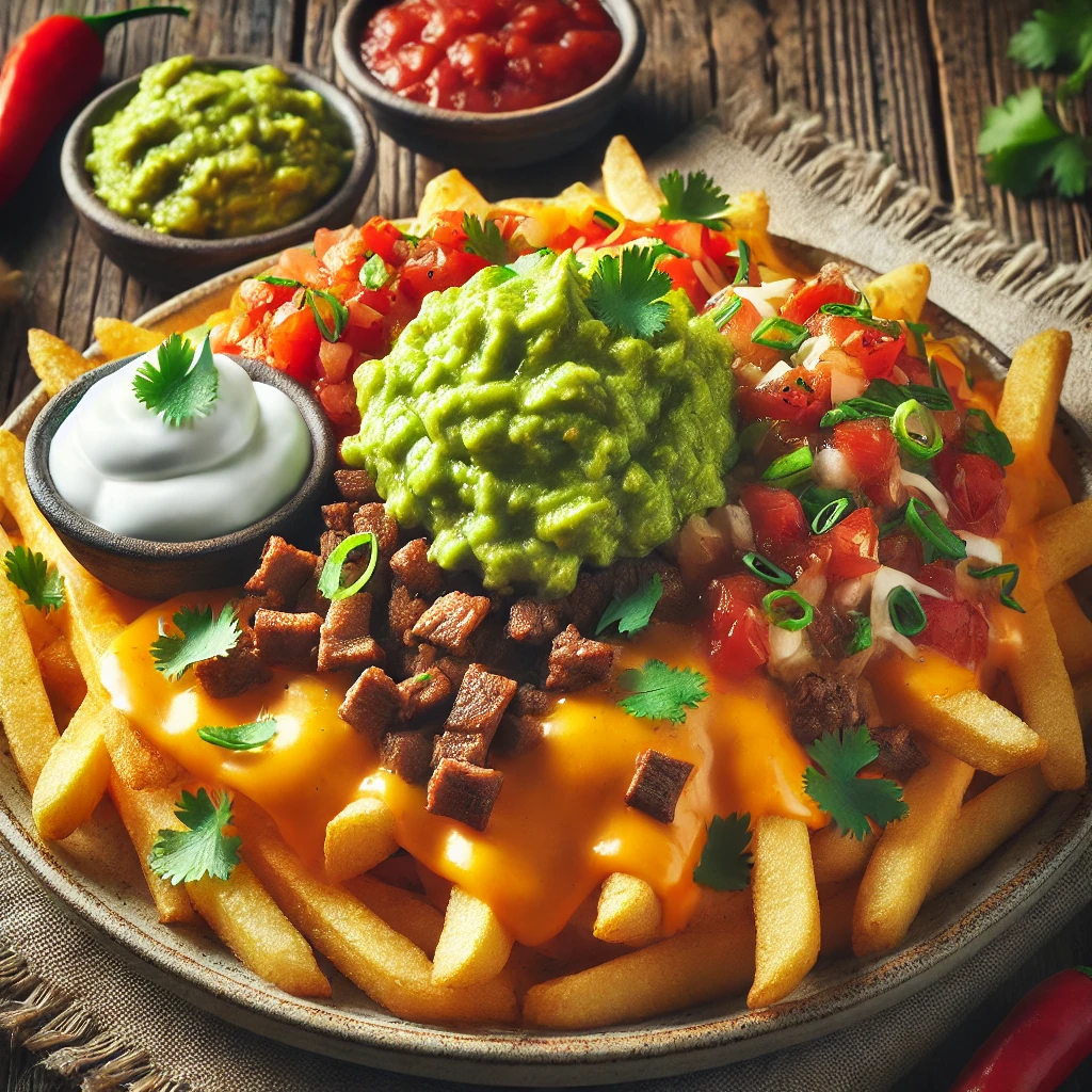 Mexikói stílusú Carne Asada Fries sajttal és guacamoléval