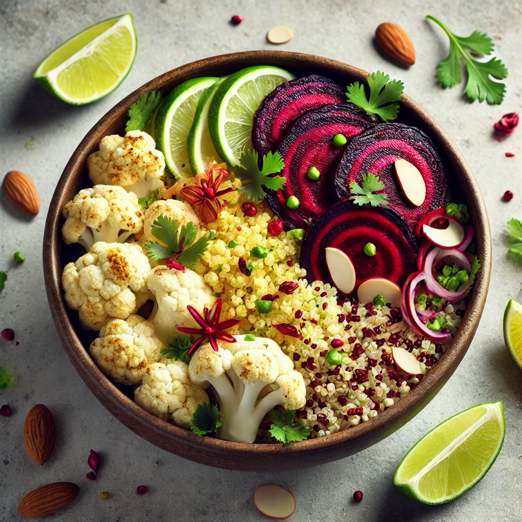 Tápláló quinoa Buddha-tál céklával, karfiollal és lime-mal