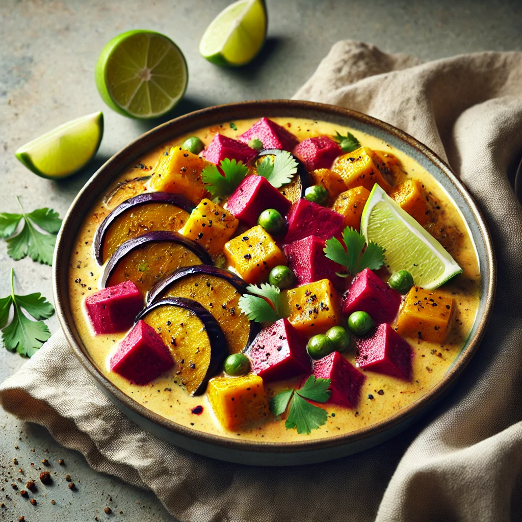 Tápláló céklás curry padlizsánnal, lime-mal és korianderrel