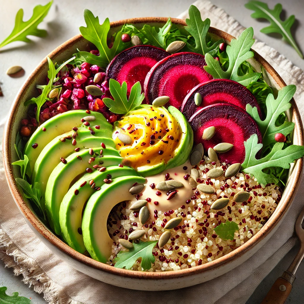 Tápláló quinoa Buddha-tál céklával, avokádóval és pirított magvakkal