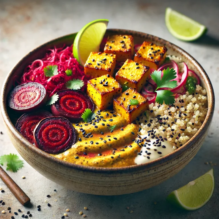 Céklás quinoa curry Buddha-tál lime tofuval tálalva