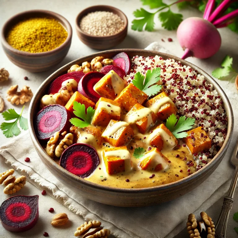 Céklás quinoa curry tofuval