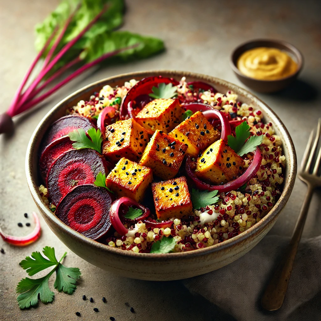 Ízletes és tápláló vegán quinoa wok tofuval, tahinivel és sült céklával