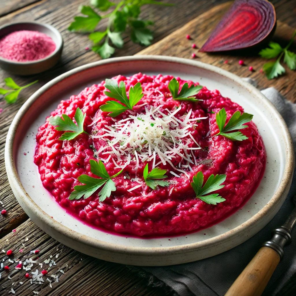 Egyszerű és tápláló vegán rizottó recept céklával.