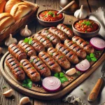 Cevapcici tálalva ajvárral és kenyérrel