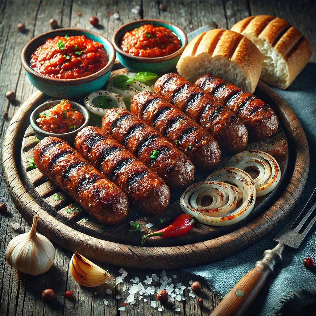 Tradicionális balkáni húsos rudacskák ajvárral és kenyérrel