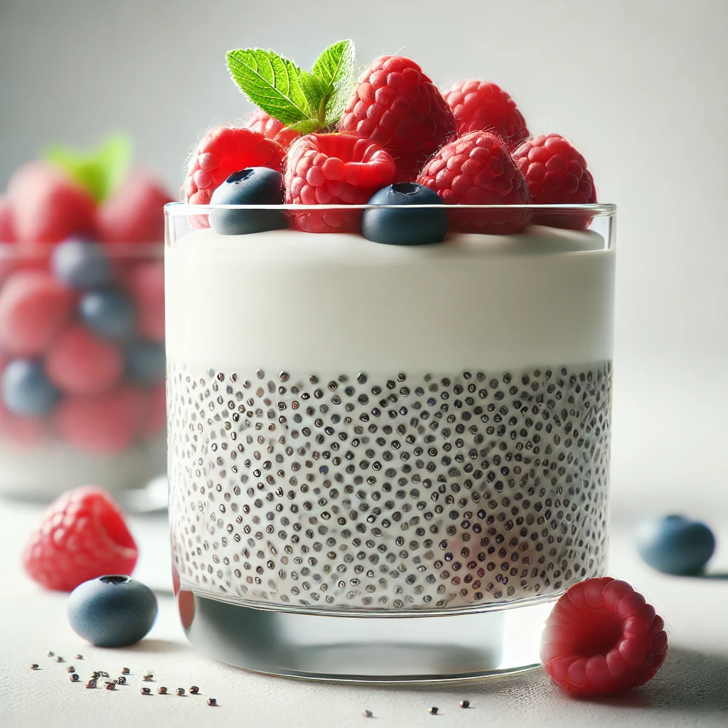 Krémes panna cotta chia magokkal és friss gyümölcsökkel díszítve