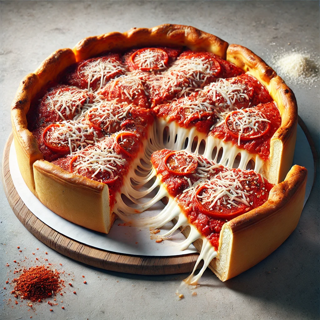 Mély serpenyős pizza amerikai stílusban gazdag sajttal