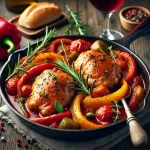 Chicken cacciatore served in a skillet with vegetables