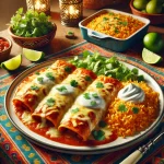 Chicken enchiladas topped with melted cheese and garnished with sour cream and coriander