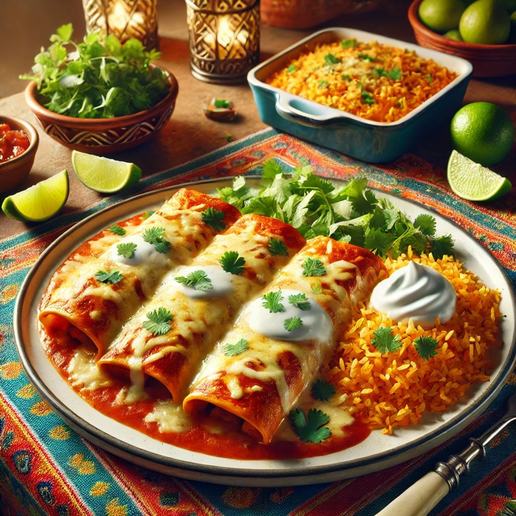 Cheesy and flavorful enchiladas filled with chicken, beans, and corn