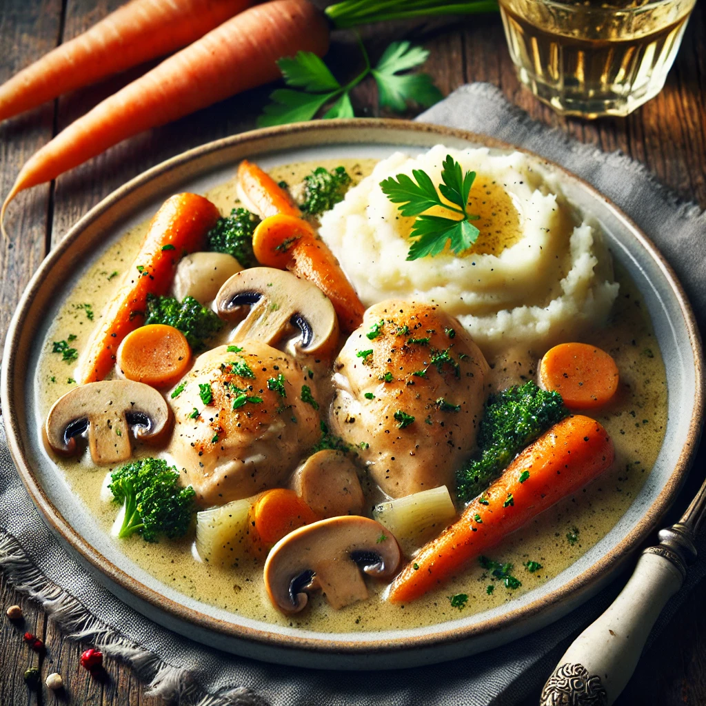 Krémes francia Chicken Fricassee friss zöldségekkel