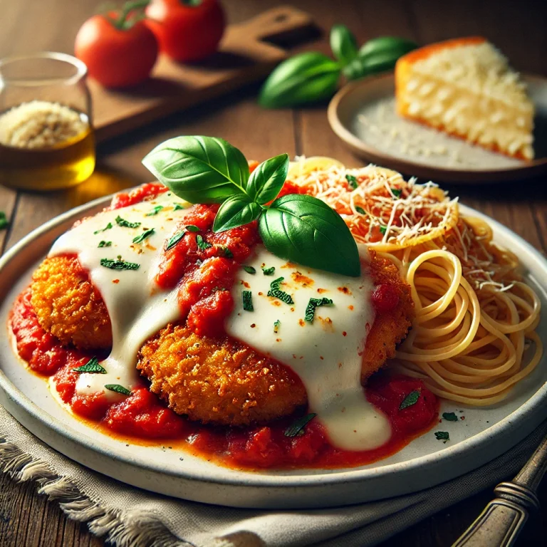 Chicken parmigiana served with pasta and fresh basil