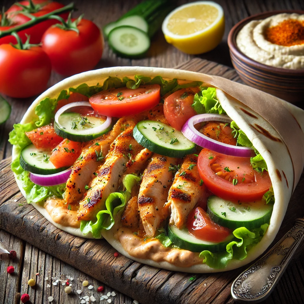 Fűszeres Chicken Shawarma friss zöldségekkel és pitával