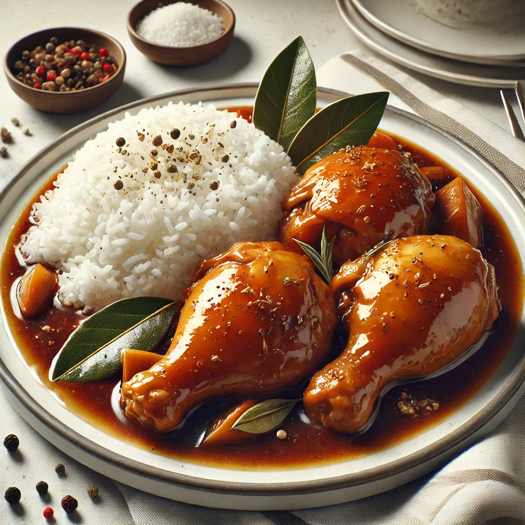 Autentikus filippínó chicken adobo rizzsel tálalva