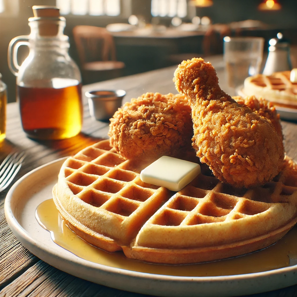 Crispy fried chicken atop fluffy waffles with maple syrup