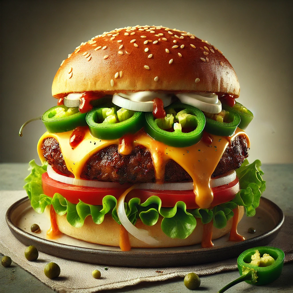 Pikáns chiliporral és füstölt sajttal készült burger