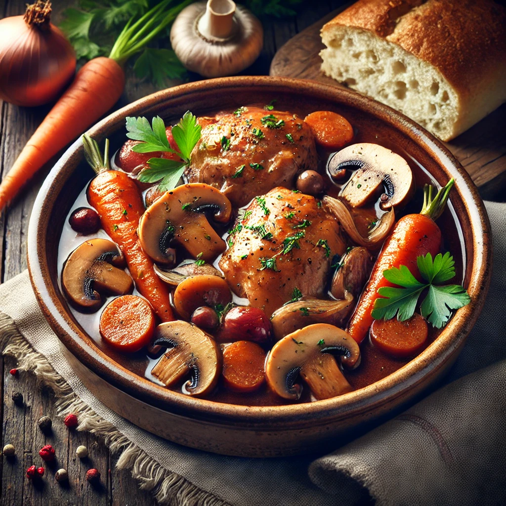 Autentikus francia Coq au Vin vörösborral és csirkével