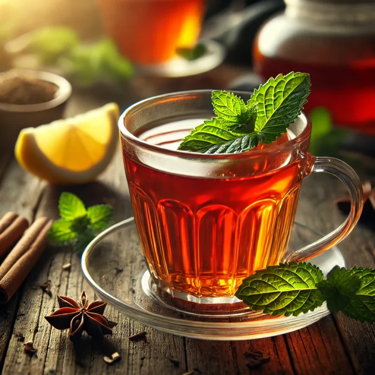 Csipkebogyó tea pohárban tálalva