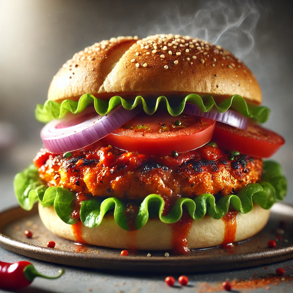 Pikáns csirkés burger piri-piri szósszal és friss zöldségekkel