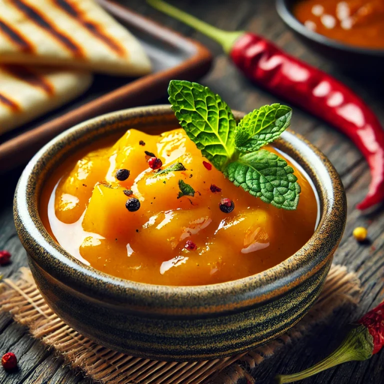 Csípős mangó chutney tálalva naan kenyérrel
