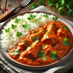 Csirke tikka masala basmati rizzsel tálalva