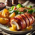 Csirkemell baconbe gÃ¶ngyÃ¶lve sajttal tÃ¶ltve, salÃ¡tÃ¡val Ã©s sÃ¼lt burgonyÃ¡val tÃ¡lalva