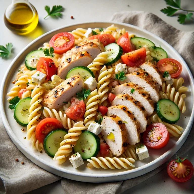 Csirkemell tésztasaláta tálalva friss zöldségekkel és feta sajttal