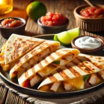 Csirkés quesadilla aranybarnára sütve, olvadt sajttal és friss zöldfűszerekkel tálalva