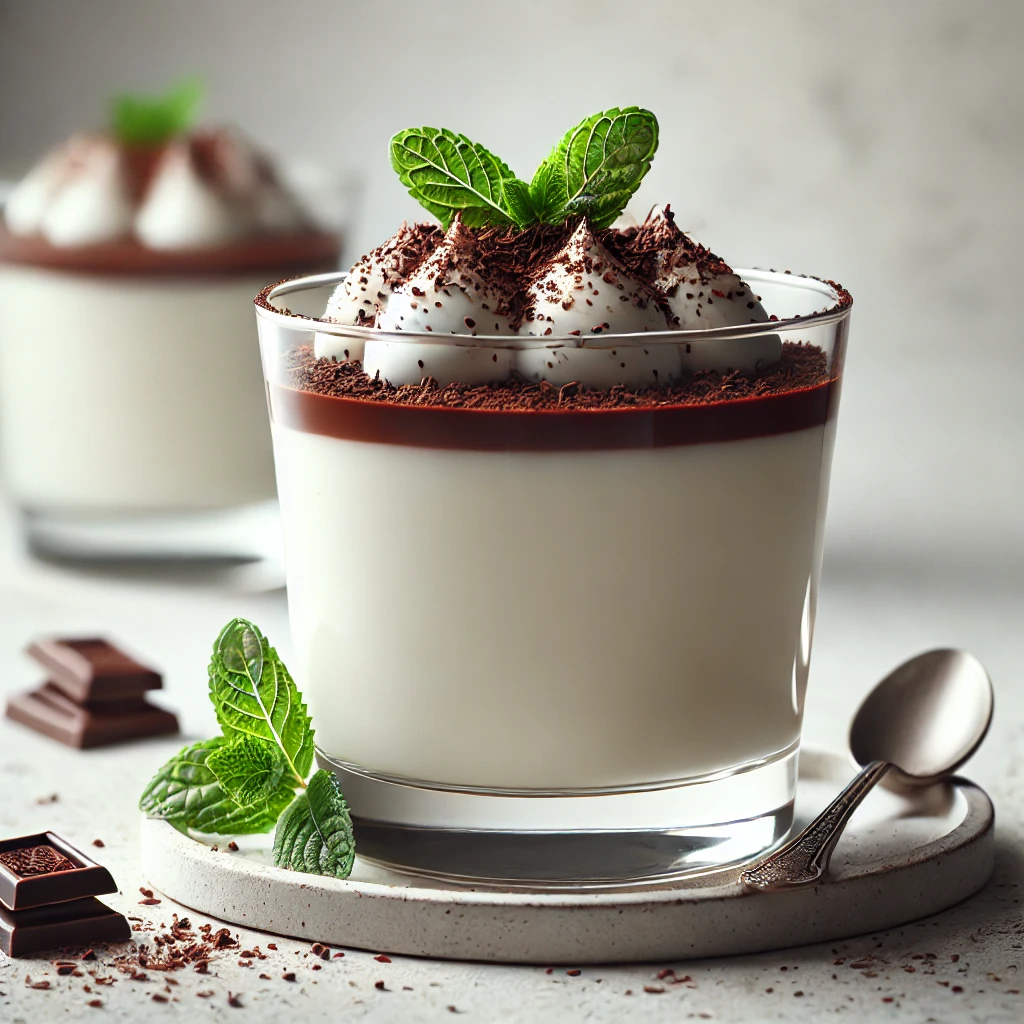 Krémes panna cotta csokilikőrrel, reszelt csokoládéval díszítve