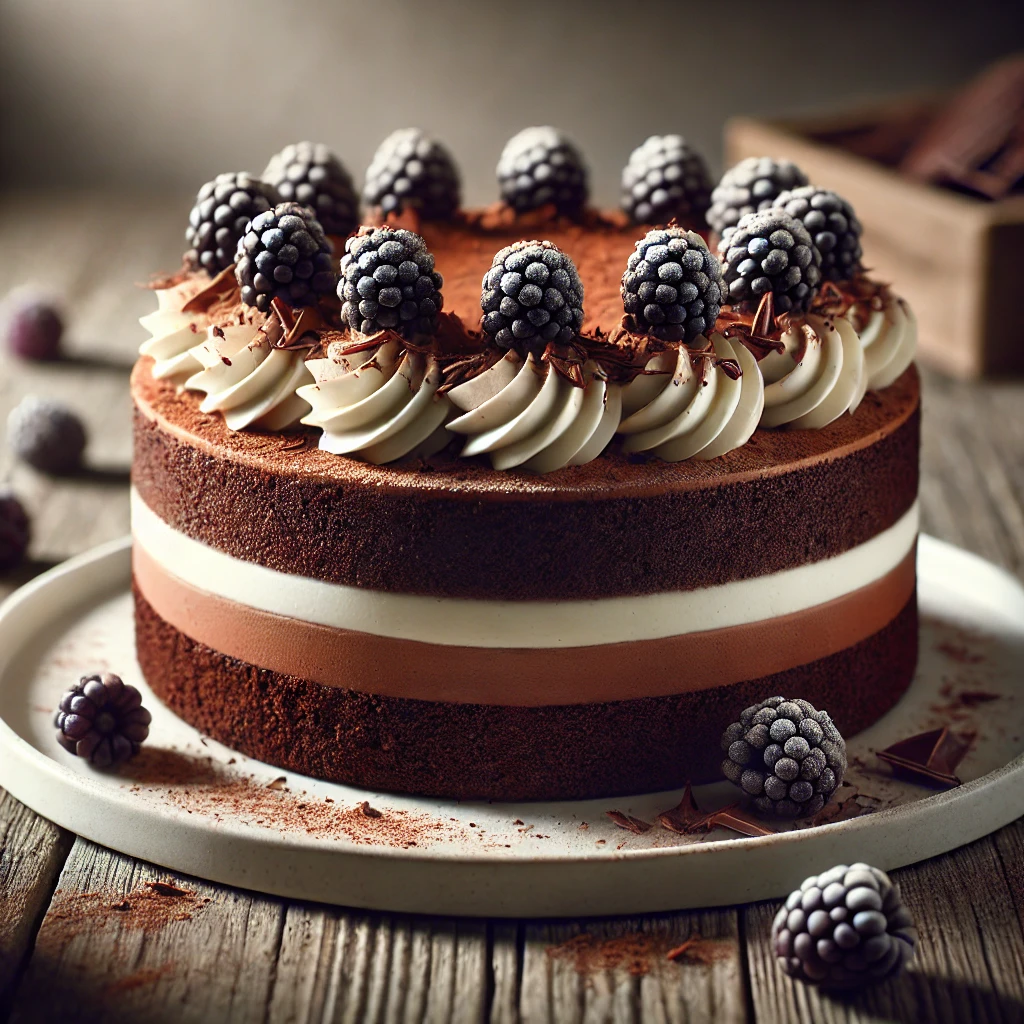 Gazdag csokoládéval és szederrel készült torta