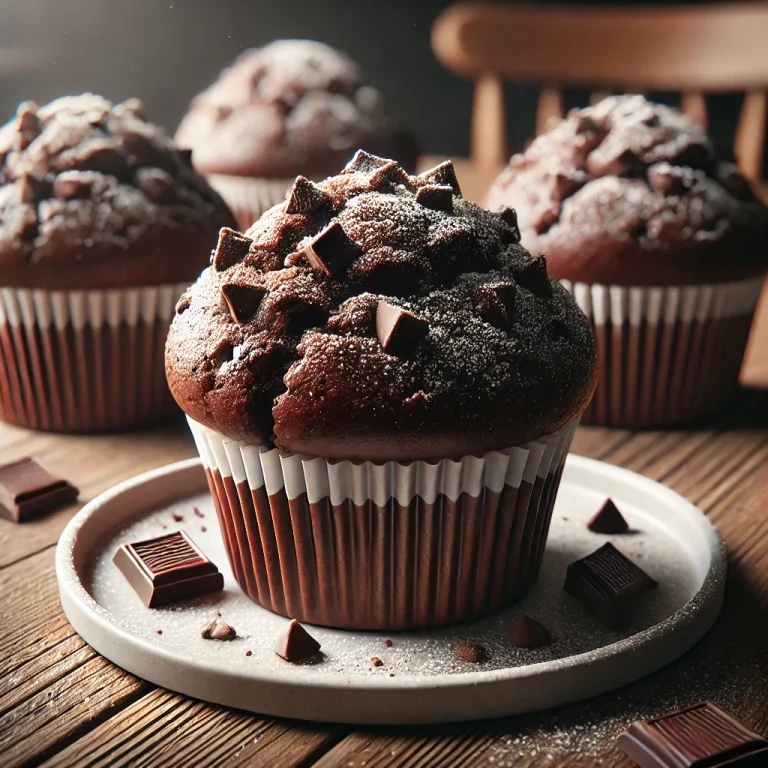 Csokoládés-csokidarabos muffin tálalva egy tányéron